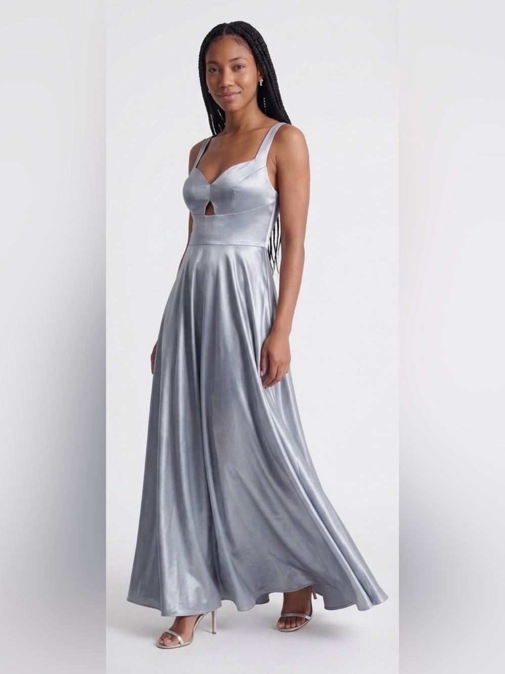 Silver Satin Maxi Dress with Cutout Detail